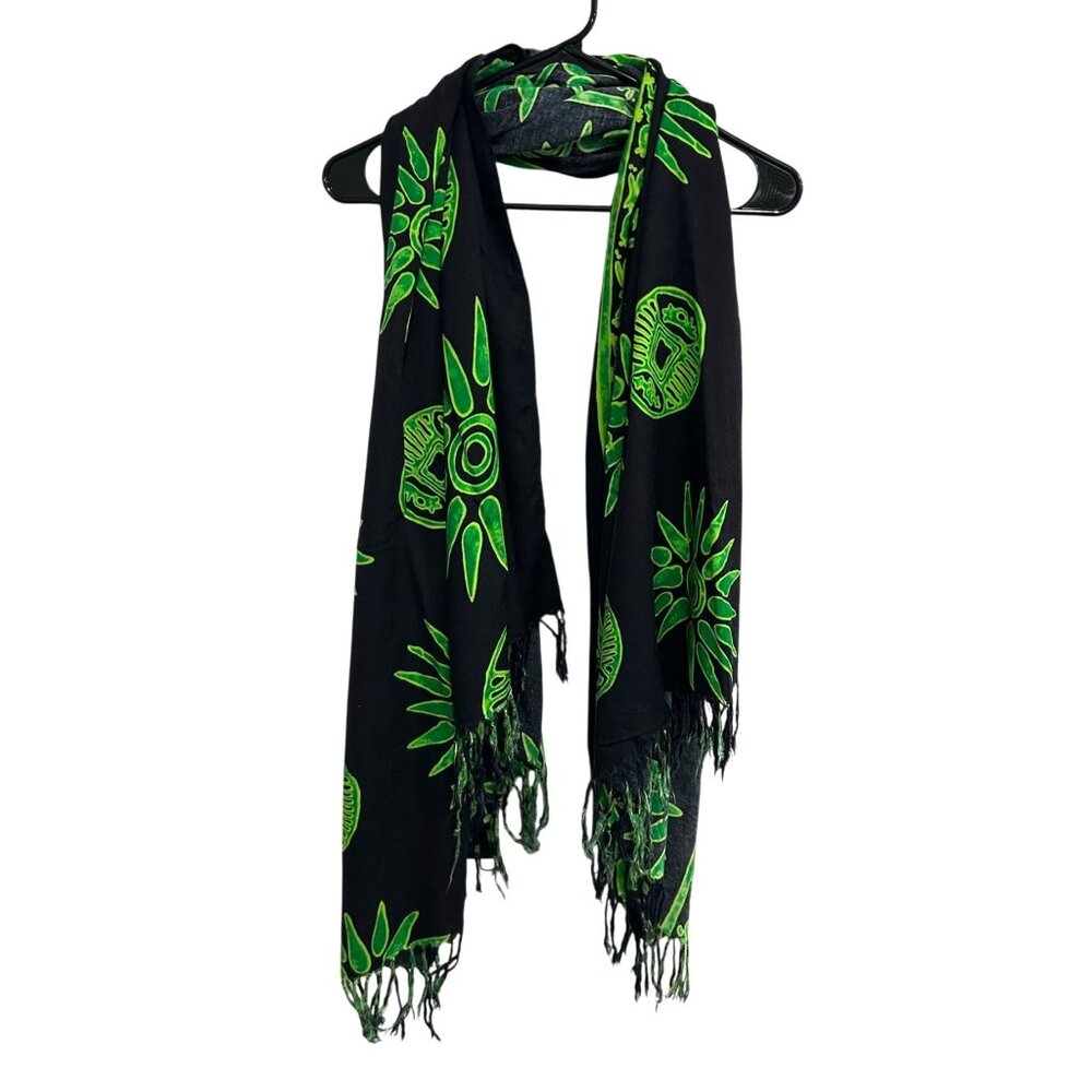 Koko Knot Black Green Rayon Scarf With Fringe Detail Batik Pattern